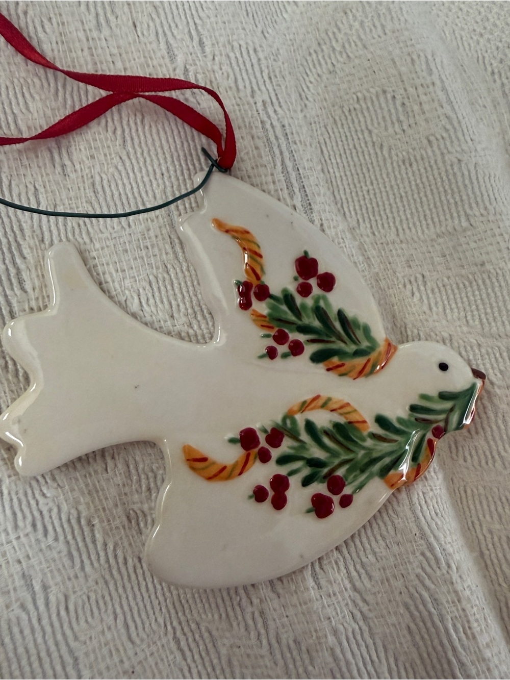 Gail Pittman  Ceramic Dove Ornament with Holly & Berries